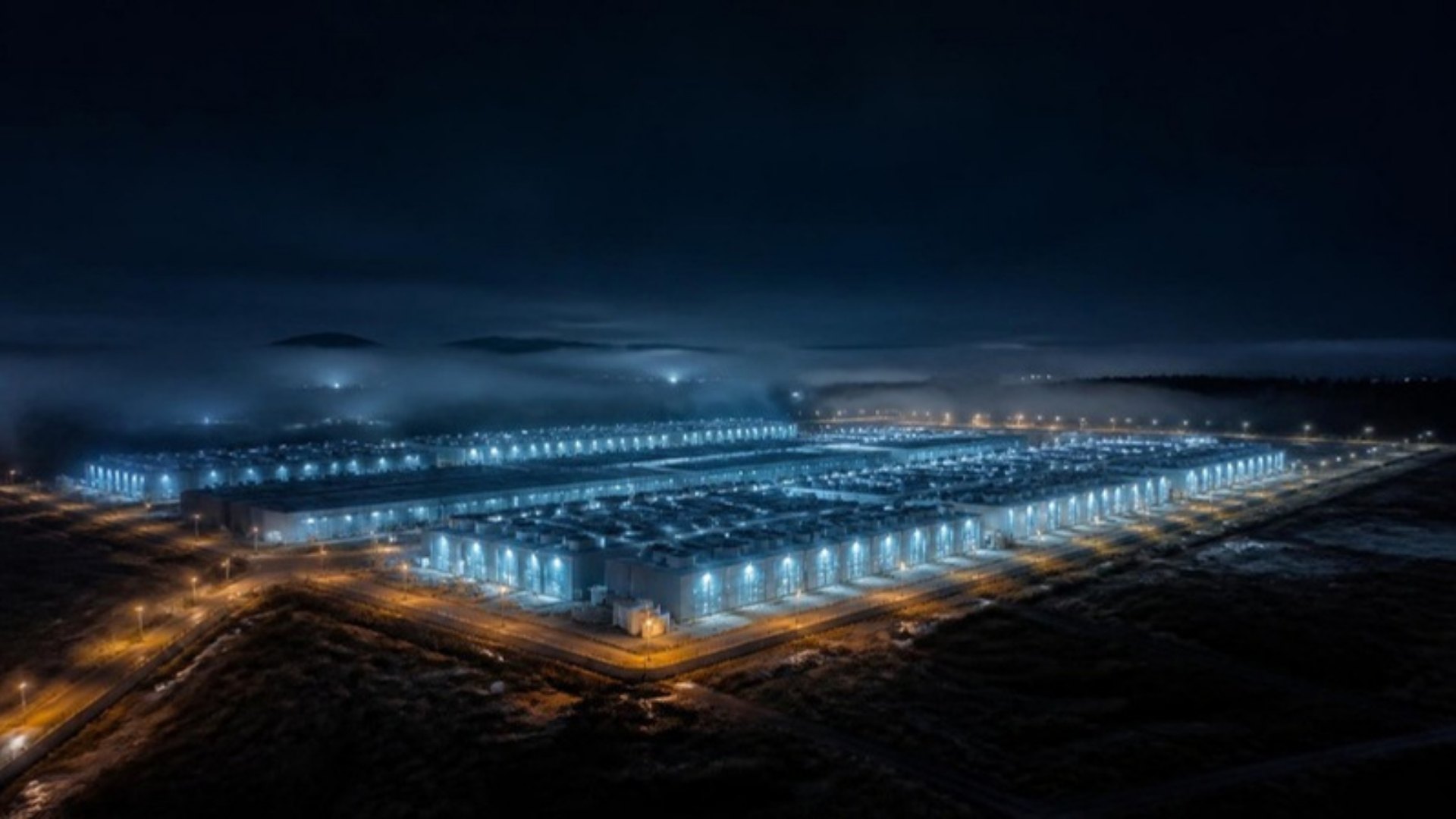 A large data centre campus lit up at night, seen from the air